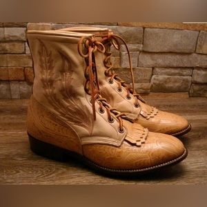 Larry Mahan USA Tooled Leather Lace Up Roper Cowboy Boots Kiltie Tan SIZE 9 1/2M